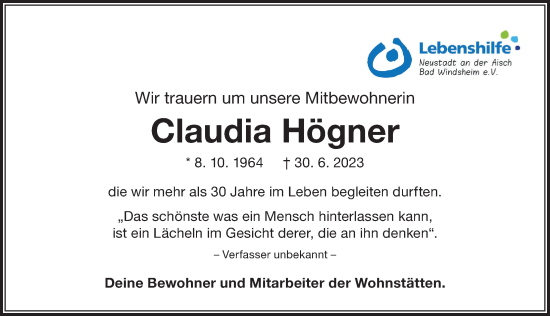 Traueranzeige von Claudia Högner von Neustadt/ Scheinfeld/ Uffenheim