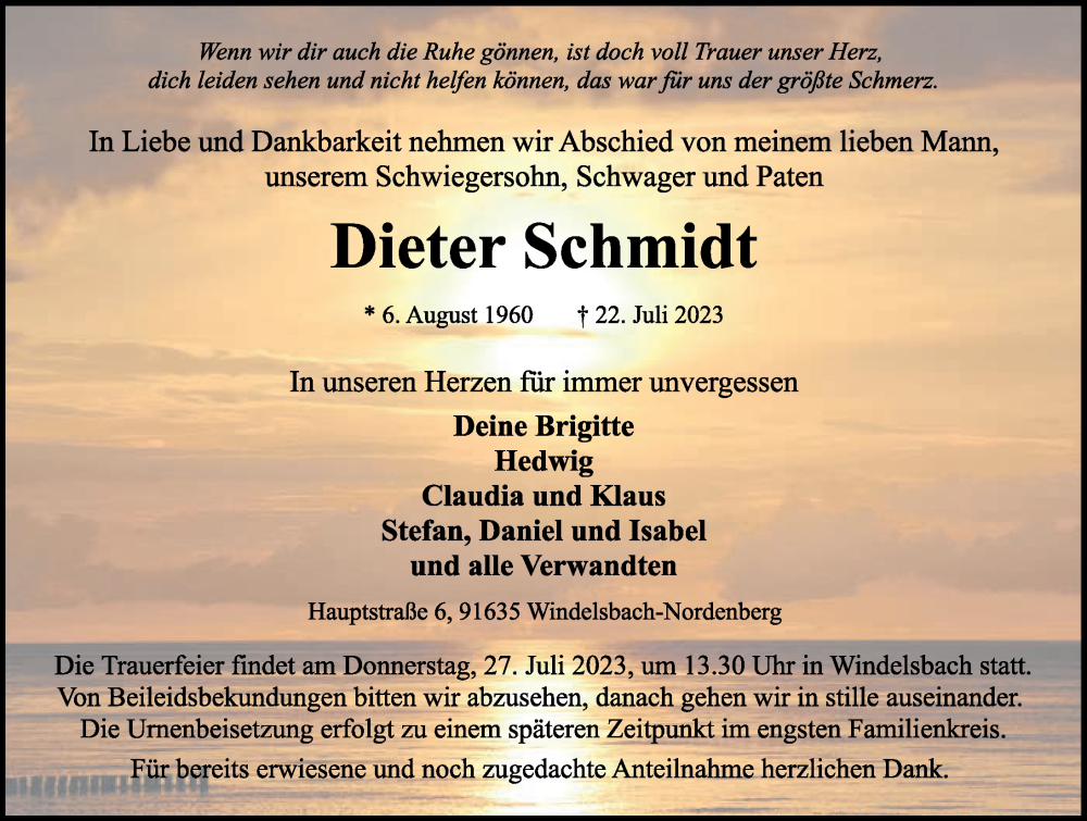  Traueranzeige für Dieter Schmidt vom 26.07.2023 aus Rothenburg