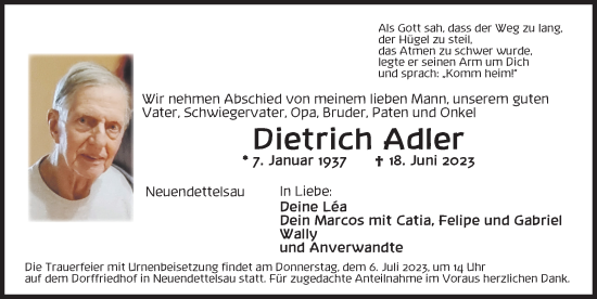 Traueranzeige von Dietrich Adler von Ansbach