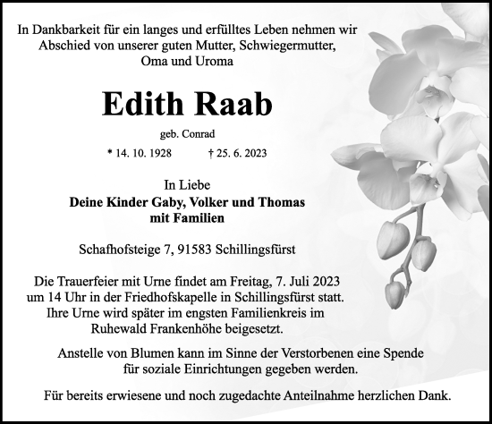 Traueranzeige von Edith Raab von Rothenburg