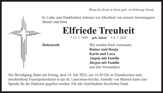 Traueranzeige von Elfriede Treuheit von Neustadt/ Scheinfeld/ Uffenheim