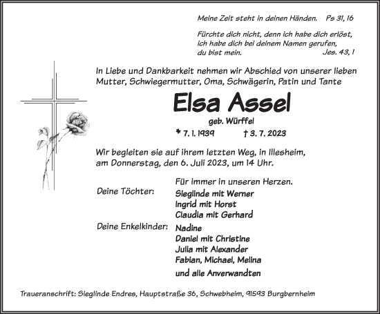 Traueranzeige von Elsa Assel von Neustadt/ Scheinfeld/ Uffenheim