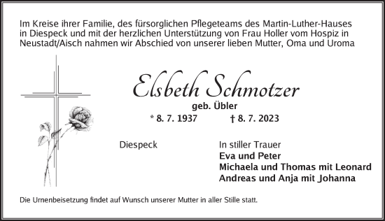 Traueranzeige von Elsbeth Schmotzer von Neustadt/ Scheinfeld/ Uffenheim