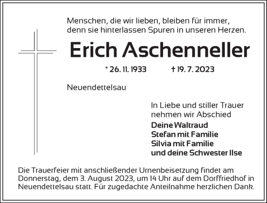 Traueranzeige von Erich Aschenneller von Ansbach