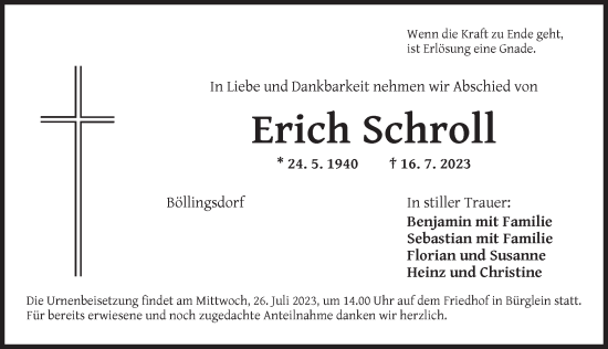 Traueranzeige von Erich Schroll von Ansbach