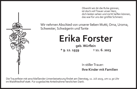 Traueranzeige von Erika Forster von Ansbach