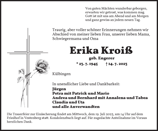 Traueranzeige von Erika Kroiß von Ansbach