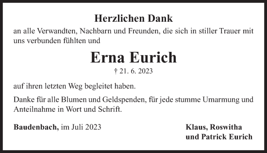 Traueranzeige von Erna Eurich von Neustadt/ Scheinfeld/ Uffenheim