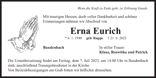 Traueranzeige von Erna Eurich von Neustadt/ Scheinfeld/ Uffenheim