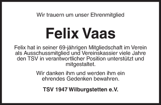 Traueranzeige von Felix Vaas von Dinkelsbühl/ Feuchtwangen