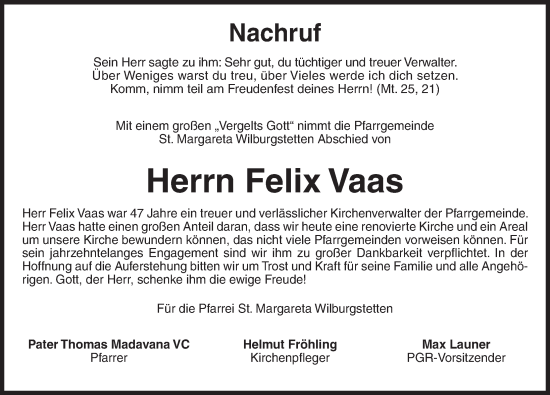 Traueranzeige von Felix Vaas von Dinkelsbühl/ Feuchtwangen