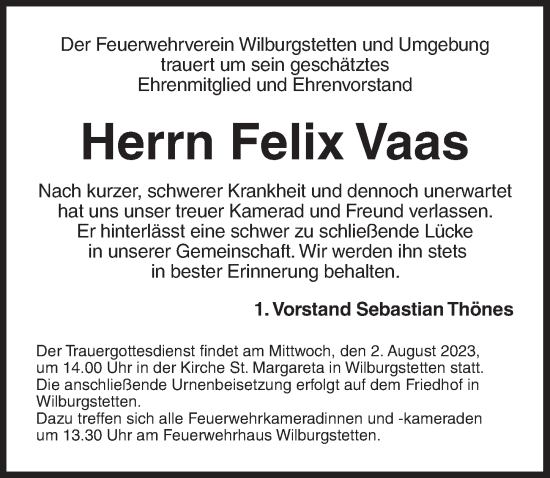 Traueranzeige von Felix Vaas von Dinkelsbühl/ Feuchtwangen