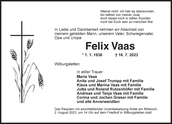 Traueranzeige von Felix Vaas von Dinkelsbühl/ Feuchtwangen