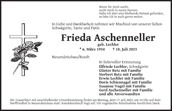 Traueranzeige von Frieda Aschenneller von Ansbach