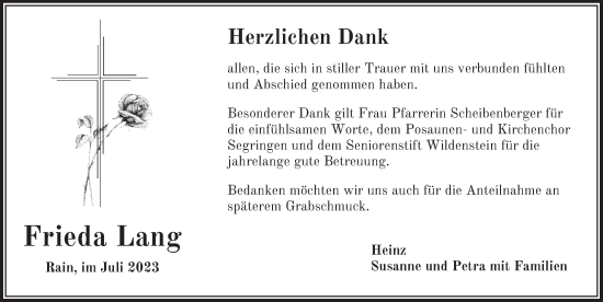 Traueranzeige von Frieda Lang von Dinkelsbühl/ Feuchtwangen