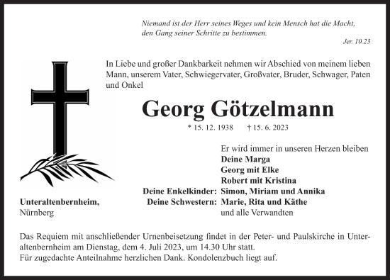 Traueranzeige von Georg Götzelmann von Neustadt/ Scheinfeld/ Uffenheim