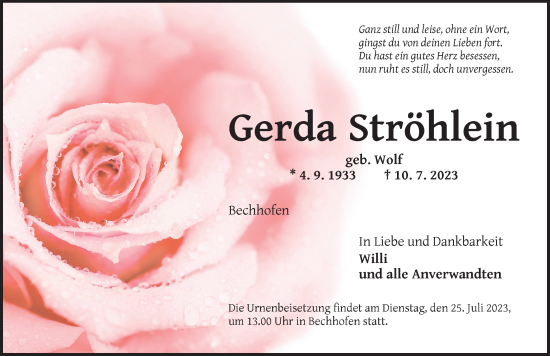 Traueranzeige von Gerda Ströhlein von Dinkelsbühl/ Feuchtwangen