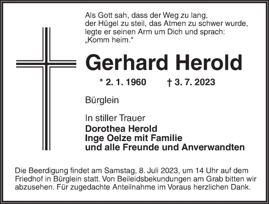 Traueranzeige von Gerhard Herold von Ansbach