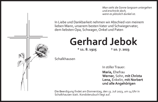 Traueranzeige von Gerhard Jebok von Ansbach