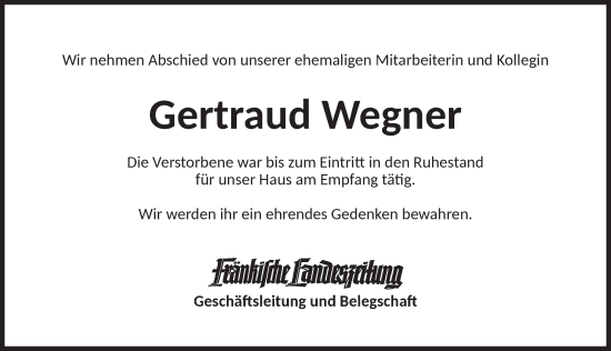 Traueranzeige von Gertraud Wegner von Ansbach