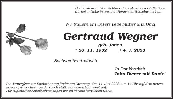 Traueranzeige von Gertraud Wegner von Ansbach