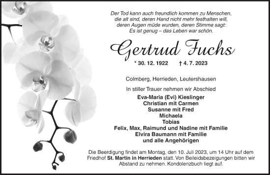 Traueranzeige von Gertrud Fuchs von Ansbach