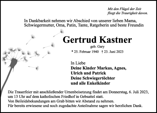 Traueranzeige von Gertrud Kastner von Rothenburg