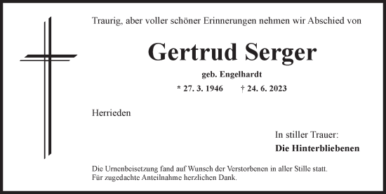 Traueranzeige von Gertrud Serger von Ansbach