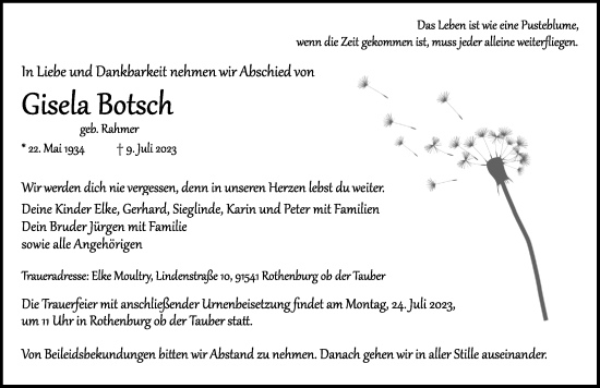 Traueranzeige von Gisela Botsch von Rothenburg
