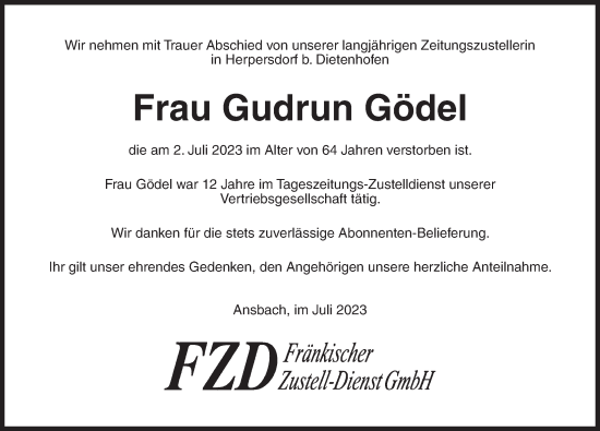 Traueranzeige von Gudrun Gödel von Ansbach