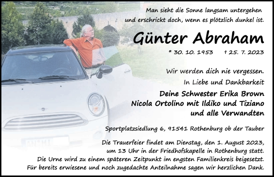 Traueranzeige von Günter Abraham von Rothenburg