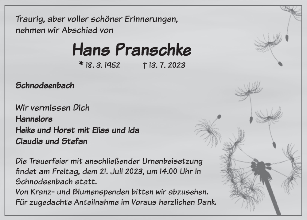  Traueranzeige für Hans Pranschke vom 19.07.2023 aus Neustadt/ Scheinfeld/ Uffenheim