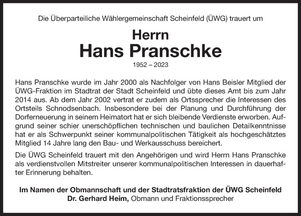  Traueranzeige für Hans Pranschke vom 19.07.2023 aus Neustadt/ Scheinfeld/ Uffenheim