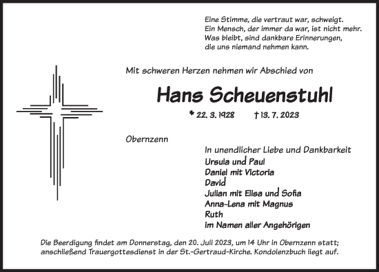 Traueranzeige von Hans Scheuenstuhl von Neustadt/ Scheinfeld/ Uffenheim