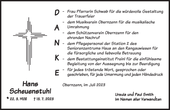 Traueranzeige von Hans Scheuenstuhl von Neustadt/ Scheinfeld/ Uffenheim