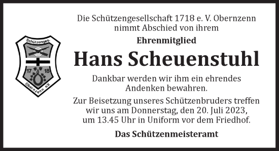 Traueranzeige von Hans Scheuenstuhl von Neustadt/ Scheinfeld/ Uffenheim