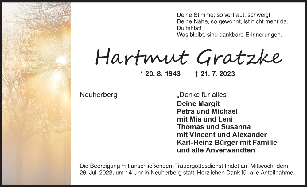  Traueranzeige für Hartmut Gratzke vom 24.07.2023 aus Neustadt/ Scheinfeld/ Uffenheim