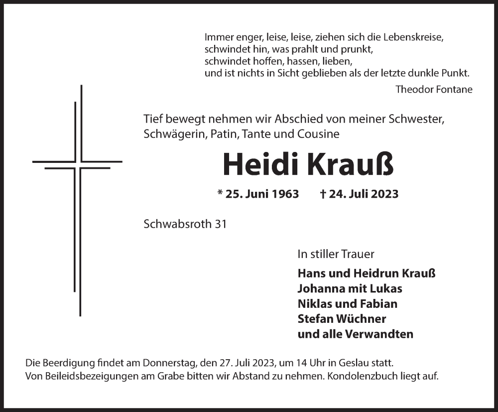  Traueranzeige für Heidi Krauß vom 26.07.2023 aus Rothenburg