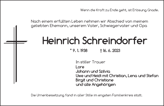 Traueranzeige von Heinrich Schreindorfer von Neustadt/ Scheinfeld/ Uffenheim