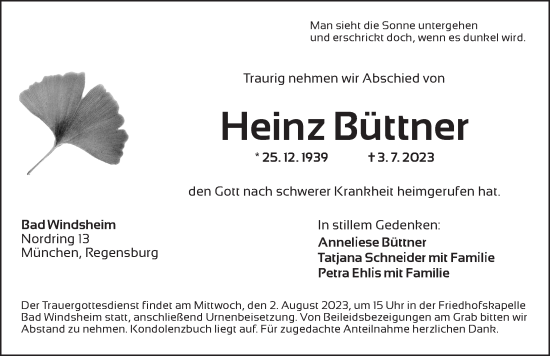 Traueranzeige von Heinz Büttner von Neustadt/ Scheinfeld/ Uffenheim