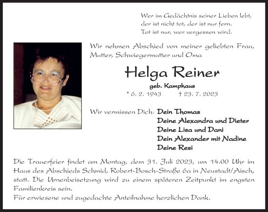 Traueranzeige von Helga Reiner von Neustadt/ Scheinfeld/ Uffenheim
