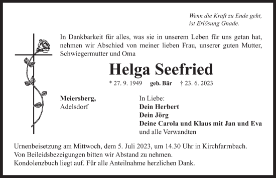 Traueranzeige von Helga Seefried von Neustadt/ Scheinfeld/ Uffenheim