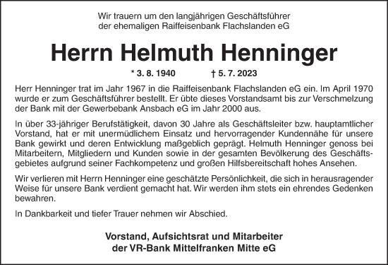 Traueranzeige von Helmuth Henninger von Ansbach