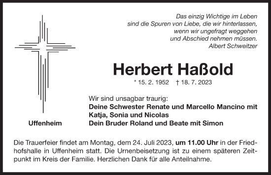 Traueranzeige von Herbert Haßold von Neustadt/ Scheinfeld/ Uffenheim