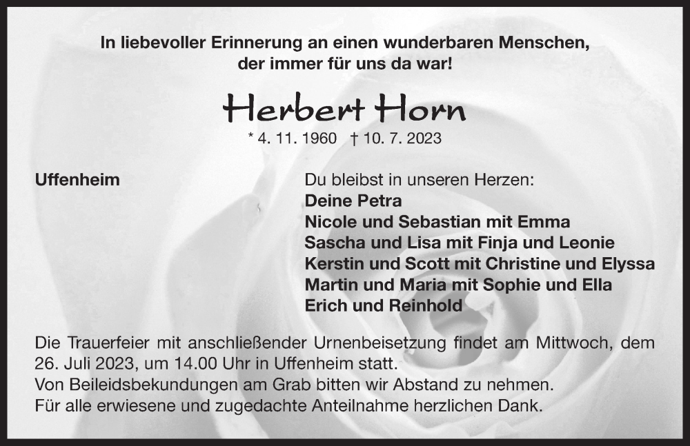  Traueranzeige für Herbert Horn vom 22.07.2023 aus Neustadt/ Scheinfeld/ Uffenheim