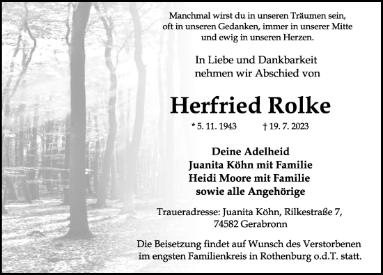 Traueranzeige von Herfried Rolke von Neustadt/ Scheinfeld/ Uffenheim