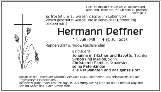 Traueranzeige von Hermann Deffner von Ansbach