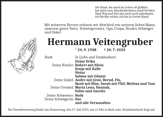 Traueranzeige von Hermann Veitengruber von Dinkelsbühl/ Feuchtwangen