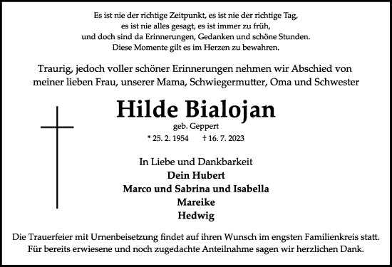 Traueranzeige von Hilde Bialojan von Rothenburg