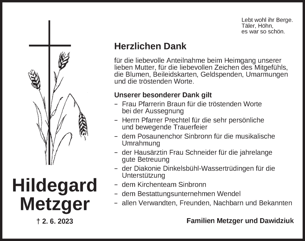  Traueranzeige für Hildegard Metzger vom 01.07.2023 aus Dinkelsbühl/ Feuchtwangen